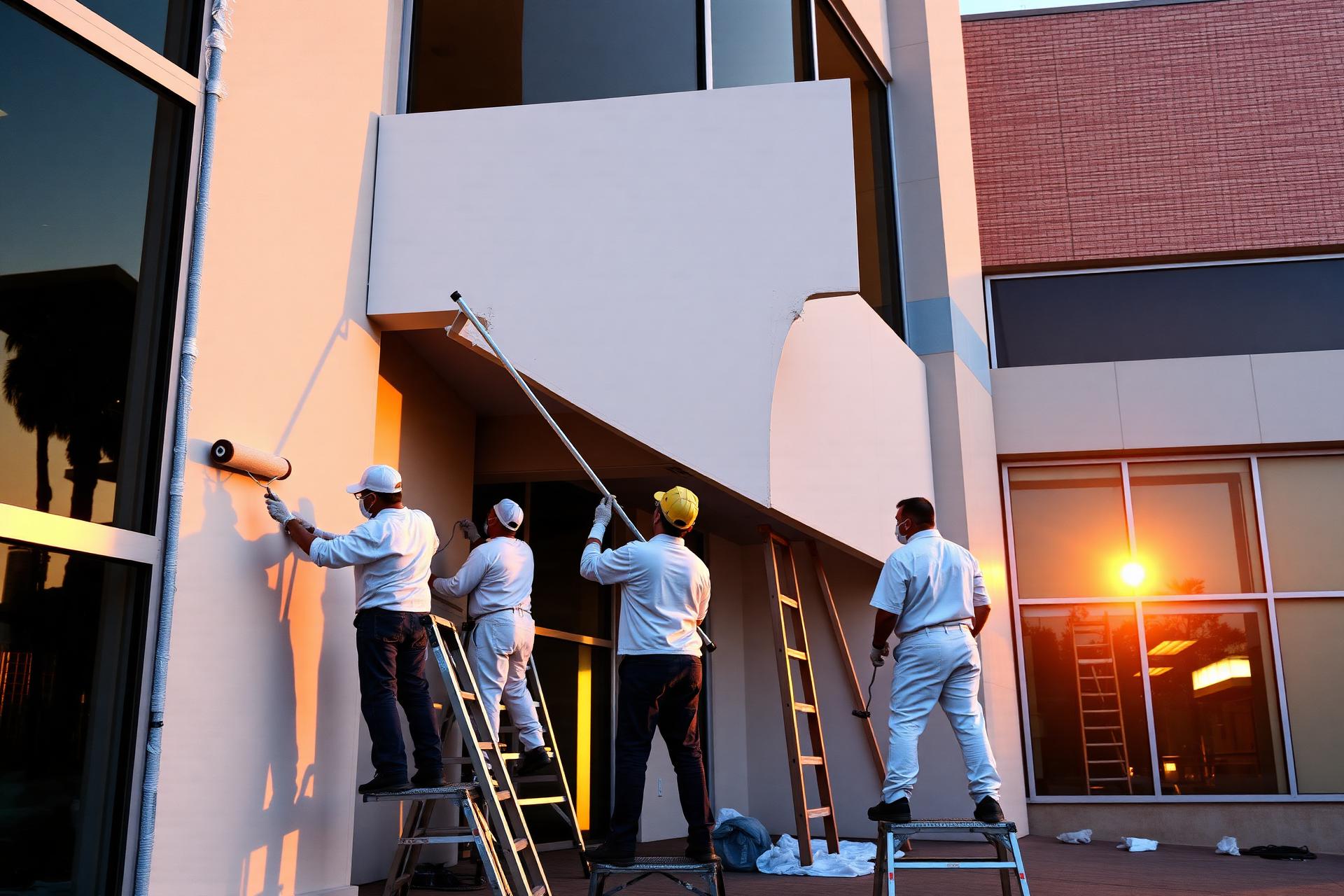 Meliorations crew painting a San Diego commercial building at golden hour